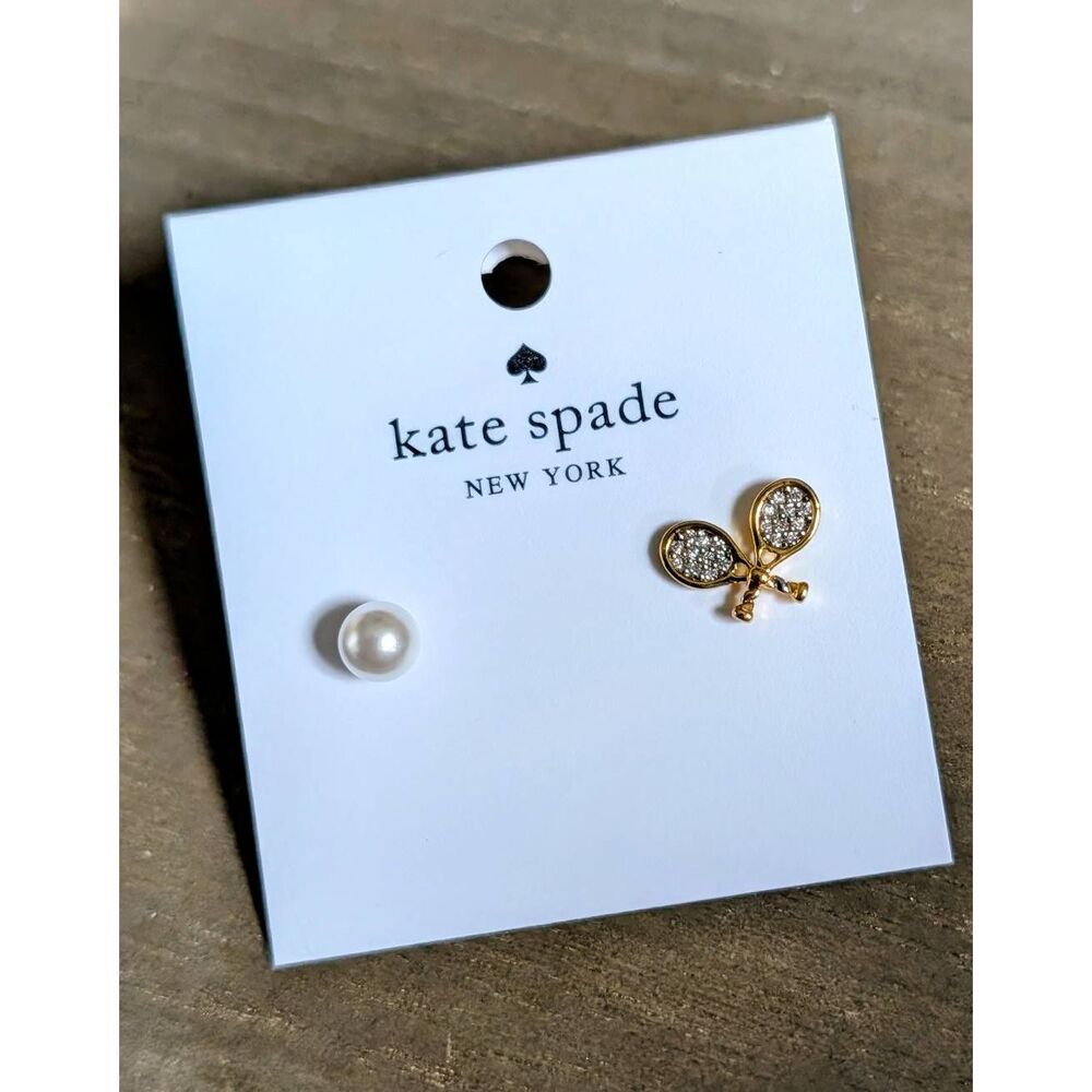 KATE SPADE NY Queen of the Court Tennis Racquet Pearl Stud Earrings - Picture 2 of 3